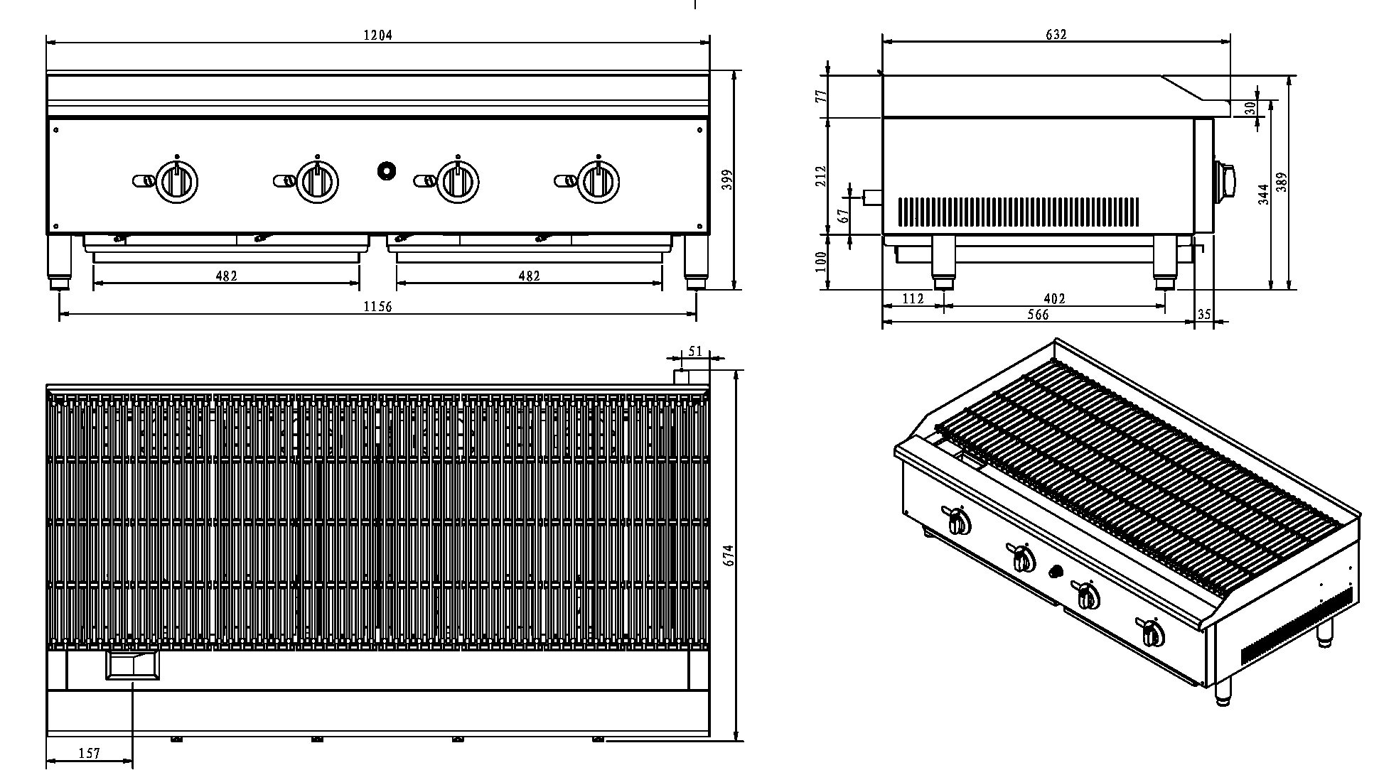 4 Burner Gas Radiant Charbroiler/Chargrill - 120cm / 48" - Image 3